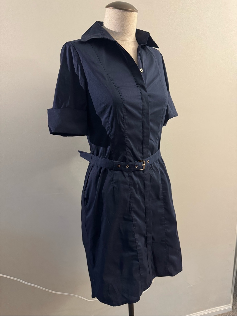 White House Black Market Navy Shirt Dress with Belt